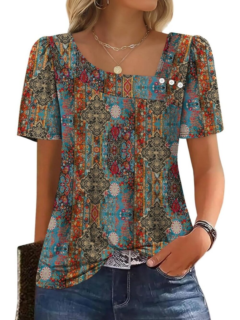 Women's Boho Square Neck Blouse Summer Casual Short Sleeve Outfit Spring Top